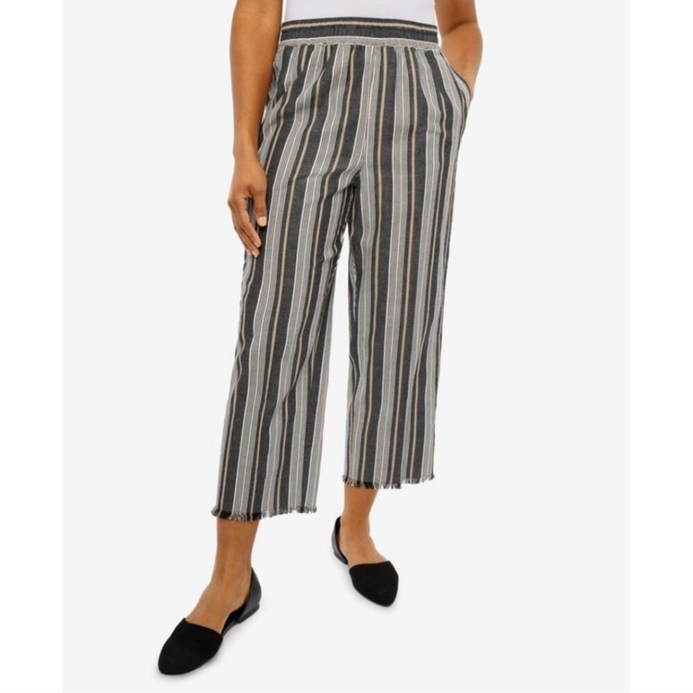NWT Alfred Dunner Marrakech Stripe Pants Classic Fit Linen Blend Black Tan Sz 18